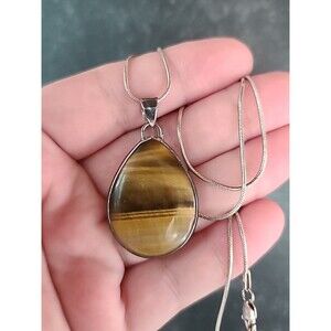 Italian 925 Sterling Silver Tiger's Eye Pendant Necklace Vintage